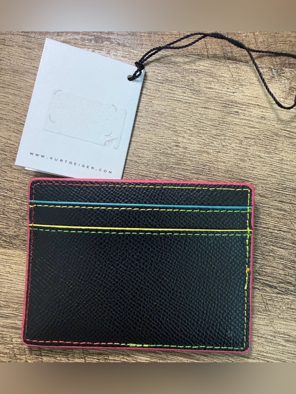 KURT GEIGER Richmond Black Leather Card Holder W/Rainbow Stitching - Picture 2 of 3